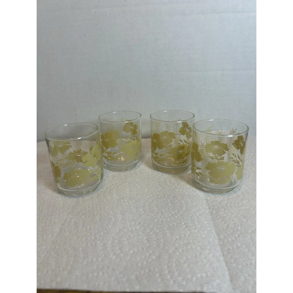 Vintage 70’s Libbey Yellow Hibiscus Fern Juice Glasses Set of 4 Retro Floral MCM